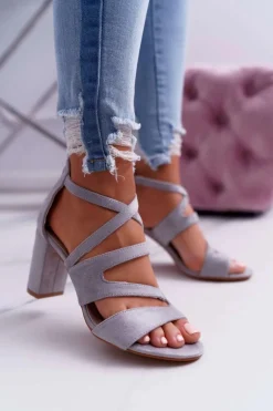 Damskie Sandały Na Słupku Zamszowe Szare Lemilia