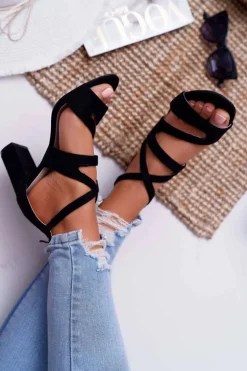 Damskie Sandały Na Słupku Zamszowe Czarne Lemilia