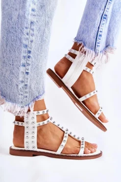 Damskie Sandały Na Suwak Z Ćwiekami Białe Cavos