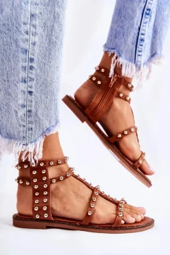 Damskie Sandały Na Suwak Z Ćwiekami Brązowe Cavos