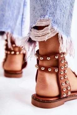 Damskie Sandały Na Suwak Z Ćwiekami Brązowe Cavos