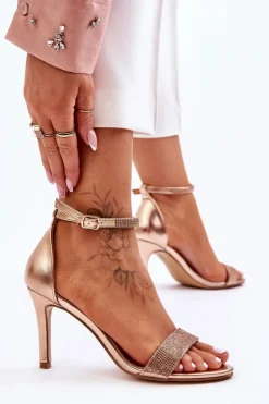 Damskie Sandały Na Szpilce Z Dżetami Różowe Złoto Perfecto