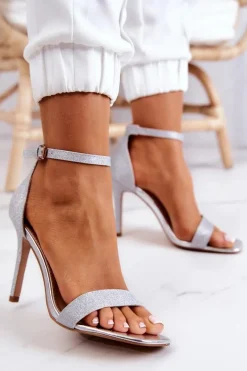 Damskie Sandały Na Szpilce Brokatowe Srebrne Massimo