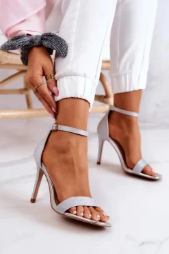 Damskie Sandały Na Szpilce Brokatowe Srebrne Massimo