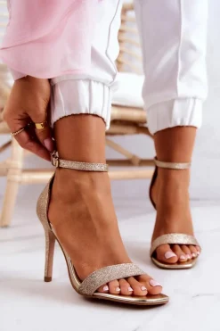 Damskie Sandały Na Szpilce Brokatowe Złote Massimo