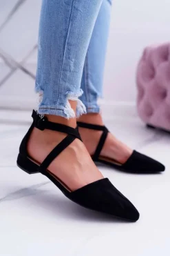 Damskie Sandały Płaskie Czarne Zamszowe W Szpic Medena