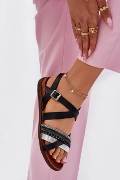 Damskie Sandały Płaskie Z Paskami Sergio Leone SK087H Czarne