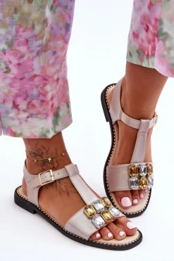 Damskie Sandały S.Barski Z Kamieniami KV-2775-30 Beżowe