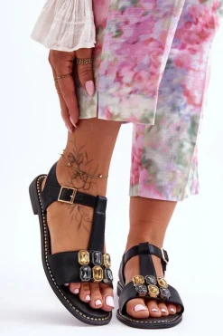 Damskie Sandały S.Barski Z Kamieniami KV-2775-30 Czarne