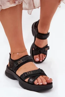 Damskie Sandały Z Cekinami Na Rzepy Czarne Gonev