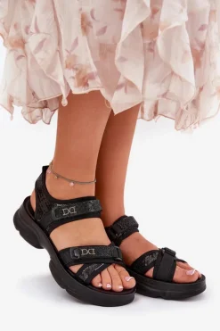 Damskie Sandały Z Cekinami Na Rzepy Czarne Gonev