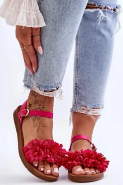 Damskie Sandały Z Materiałowymi Kwiatami Fuksja Fiori