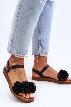 Damskie Sandały Z Materiałowymi Kwiatami Czarne Fiori