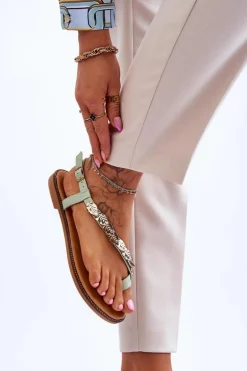 Damskie Sandały Z Ozdobami Na Pasku Zielone Alamis