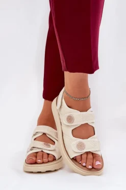 Damskie Sandały Z Ozdobnymi Detalami Na Rzepy Beżowe Zoliner