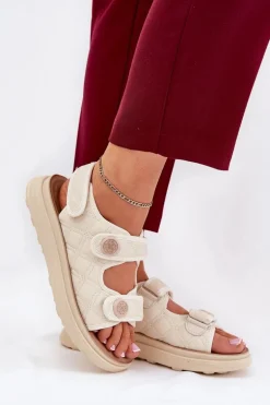 Damskie Sandały Z Ozdobnymi Detalami Na Rzepy Beżowe Zoliner