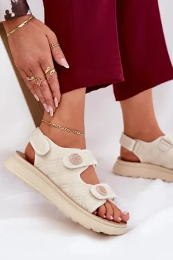 Damskie Sandały Z Ozdobnymi Detalami Na Rzepy Beżowe Zoliner