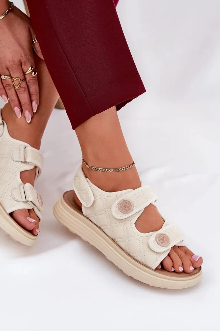 Damskie Sandały Z Ozdobnymi Detalami Na Rzepy Beżowe Zoliner