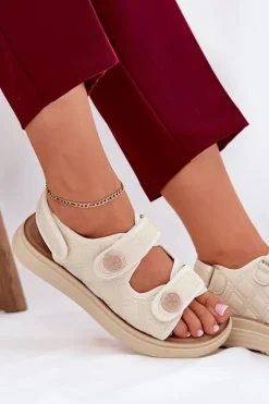 Damskie Sandały Z Ozdobnymi Detalami Na Rzepy Beżowe Zoliner