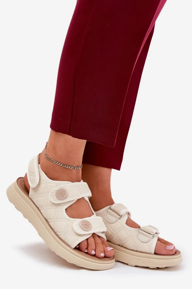 Damskie Sandały Z Ozdobnymi Detalami Na Rzepy Beżowe Zoliner