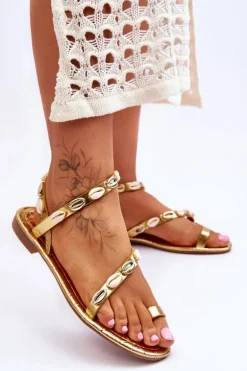 Damskie Sandały Z Ozdobnymi Muszelkami Złote Verdem