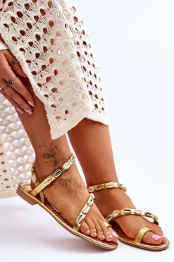 Damskie Sandały Z Ozdobnymi Muszelkami Złote Verdem