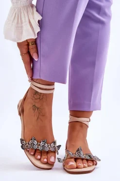 Damskie Sandały Z Ozdobnymi Motylami Beżowe Jeane