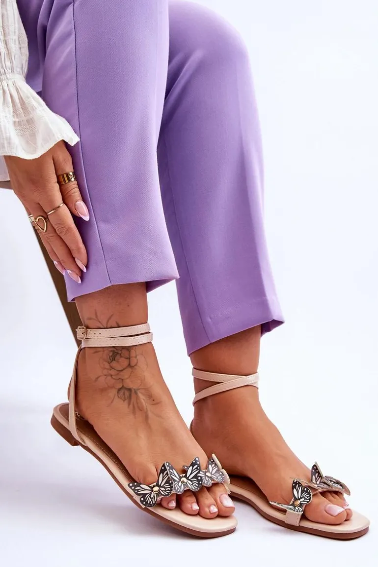Damskie Sandały Z Ozdobnymi Motylami Beżowe Jeane