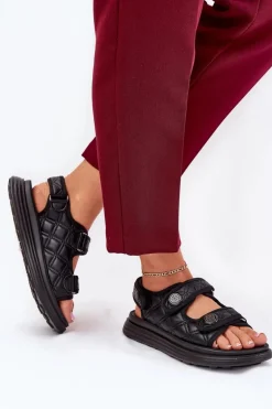 Damskie Sandały Z Ozdobnymi Detalami Na Rzepy Czarne Zoliner