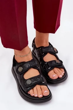 Damskie Sandały Z Ozdobnymi Detalami Na Rzepy Czarne Zoliner