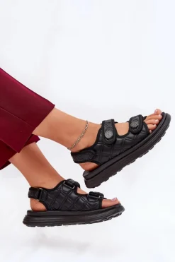 Damskie Sandały Z Ozdobnymi Detalami Na Rzepy Czarne Zoliner