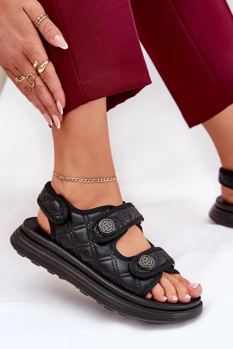 Damskie Sandały Z Ozdobnymi Detalami Na Rzepy Czarne Zoliner