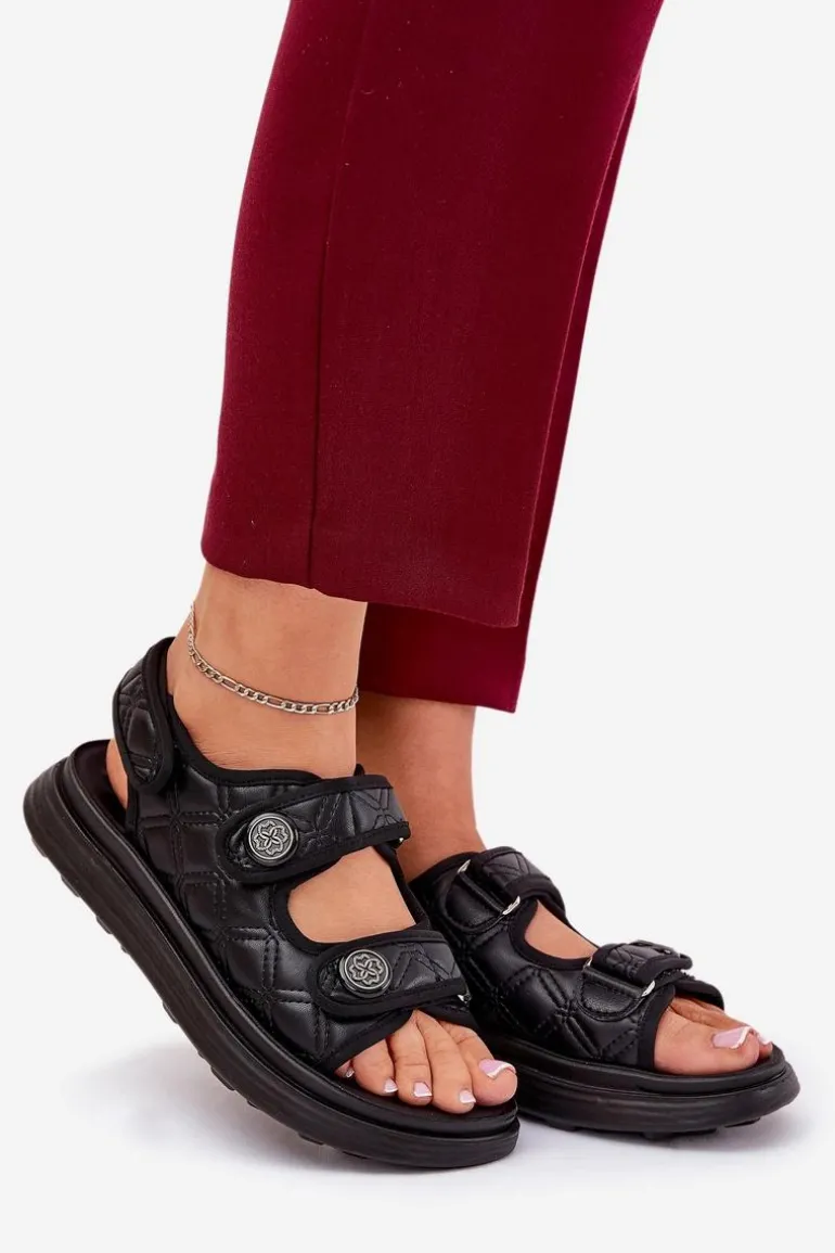 Damskie Sandały Z Ozdobnymi Detalami Na Rzepy Czarne Zoliner