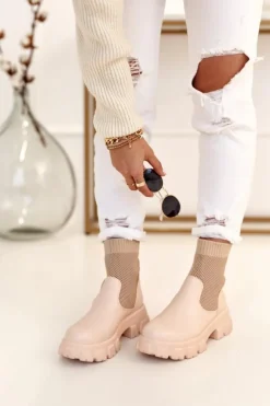 Damskie Skarpetkowe Botki Workery Beżowe Stormy