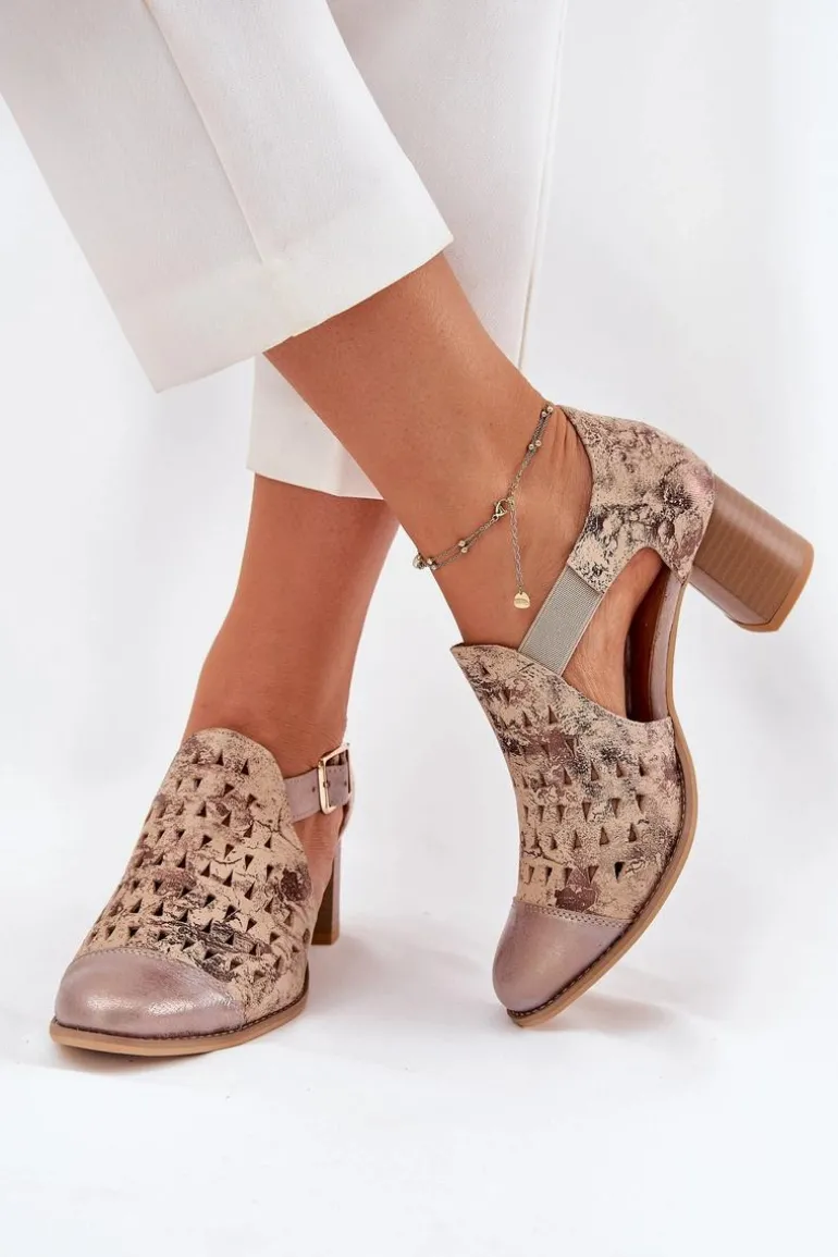 Damskie Skórzane Ażurowe Botki Maciejka 04962-43 Beżowo-Złote