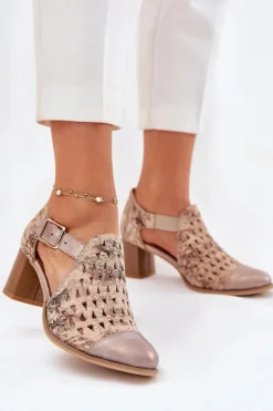 Damskie Skórzane Ażurowe Botki Maciejka 04962-43 Beżowo-Złote