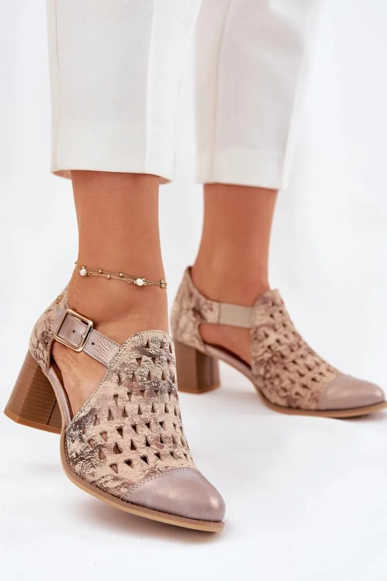 Damskie Skórzane Ażurowe Botki Maciejka 04962-43 Beżowo-Złote