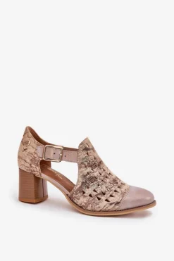 Damskie Skórzane Ażurowe Botki Maciejka 04962-43 Beżowo-Złote