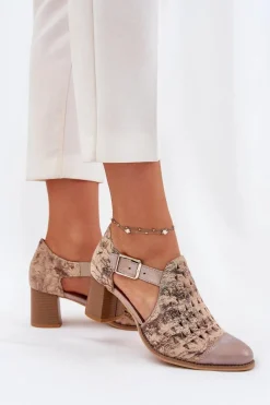 Damskie Skórzane Ażurowe Botki Maciejka 04962-43 Beżowo-Złote