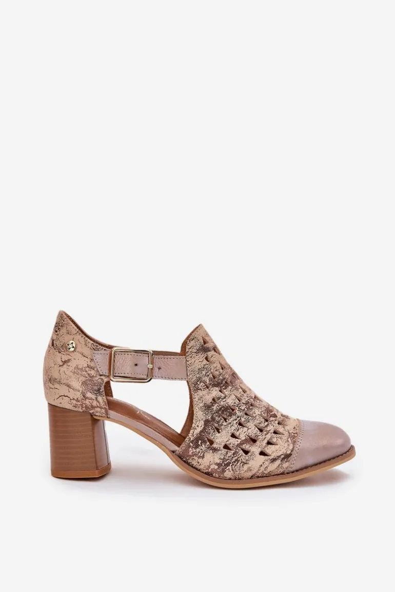 Damskie Skórzane Ażurowe Botki Maciejka 04962-43 Beżowo-Złote