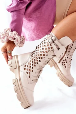 Damskie Skórzane Ażurowe Botki Trapery Beżowe Hootie