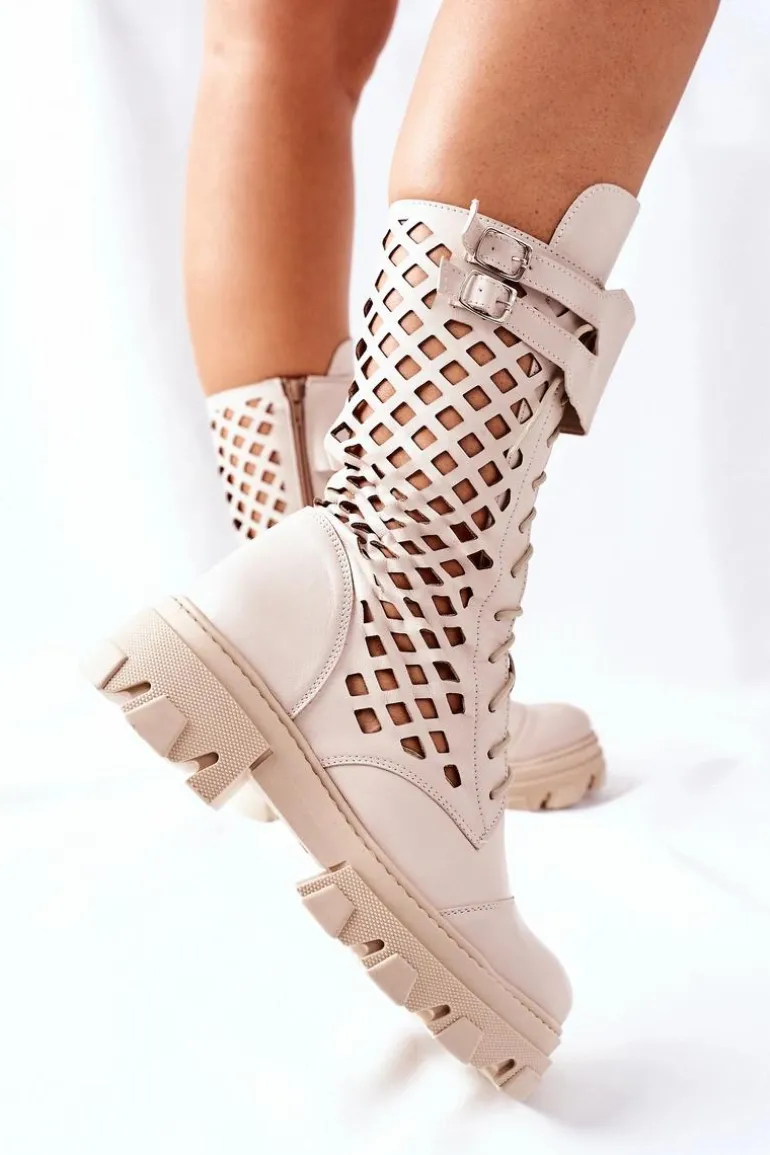 Damskie Skórzane Ażurowe Botki Trapery Beżowe Hootie