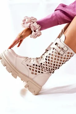 Damskie Skórzane Ażurowe Botki Trapery Beżowe Hootie