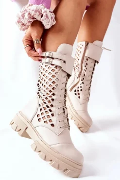 Damskie Skórzane Ażurowe Botki Trapery Beżowe Hootie