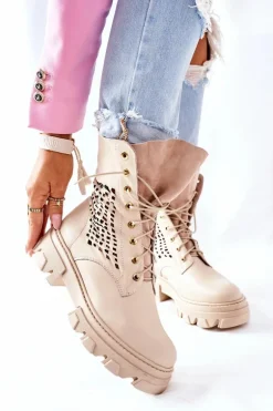Damskie Skórzane Ażurowe Botki Trapery Beżowe Small Hootie