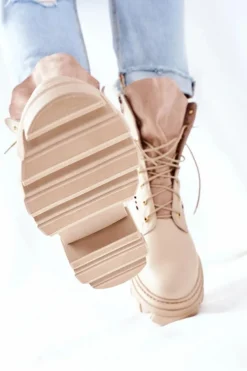 Damskie Skórzane Ażurowe Botki Trapery Beżowe Small Hootie