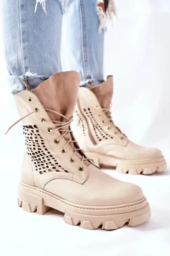 Damskie Skórzane Ażurowe Botki Trapery Beżowe Small Hootie