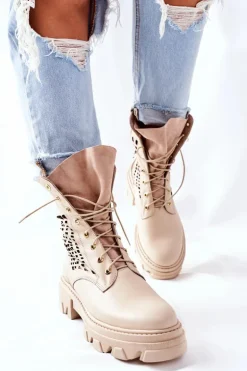 Damskie Skórzane Ażurowe Botki Trapery Beżowe Small Hootie