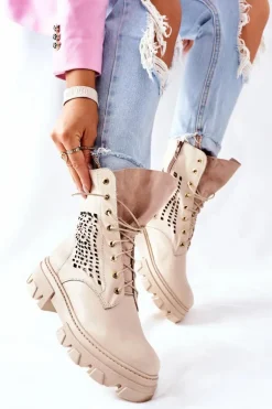Damskie Skórzane Ażurowe Botki Trapery Beżowe Small Hootie