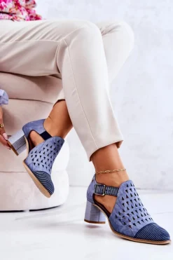 Damskie Skórzane Ażurowe Botki Maciejka 04962-06 Niebieskie